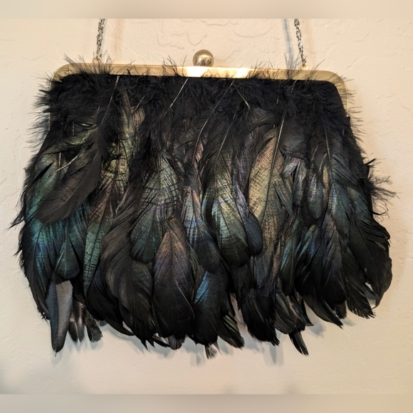 None Handbags - Feather Evening Bag, Black w/dark green and purple tinges